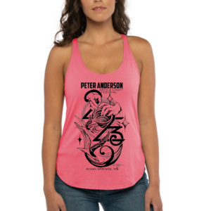 Woman wears pink tank top with black design promoting 2023 Peter Anderson Arts & Crafts Festival